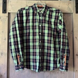 Jeremy Argyle NYC Button Up‎ Shirt Green Orange Plaid Retro Y2K Men's Large